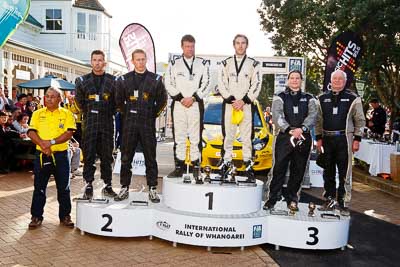 17-July-2011;APRC;Alister-McRae;Asia-Pacific-Rally-Championship;Bill-Hayes;Brian-Green;Chris-Atkinson;Fleur-Pedersen;International-Rally-Of-Whangarei;NZ;New-Zealand;Northland;Proton;Rally;Stephane-Prevot;Whangarei;auto;garage;motorsport;podium;racing;wide-angle