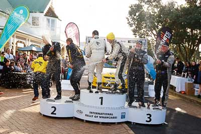 17-July-2011;APRC;Alister-McRae;Asia-Pacific-Rally-Championship;Bill-Hayes;Brian-Green;Chris-Atkinson;Fleur-Pedersen;International-Rally-Of-Whangarei;NZ;New-Zealand;Northland;Proton;Rally;Stephane-Prevot;Topshot;Whangarei;auto;champagne;garage;motorsport;podium;racing;wide-angle