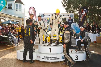 17-July-2011;APRC;Alister-McRae;Asia-Pacific-Rally-Championship;Bill-Hayes;Brian-Green;Chris-Atkinson;Fleur-Pedersen;International-Rally-Of-Whangarei;NZ;New-Zealand;Northland;Rally;Stephane-Prevot;Whangarei;auto;champagne;garage;motorsport;podium;racing;wide-angle