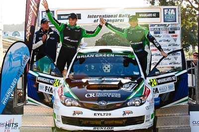 24;17-July-2011;24;APRC;Asia-Pacific-Rally-Championship;Hayden-Paddon;International-Rally-Of-Whangarei;John-Kennard;NZ;New-Zealand;Northland;Rally;Subaru-Impreza-WRX-STI;Whangarei;auto;garage;motorsport;podium;racing;telephoto