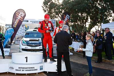 17-July-2011;APRC;Asia-Pacific-Rally-Championship;International-Rally-Of-Whangarei;NZ;New-Zealand;Northland;Rally;Richard-Mason;Sara-Mason;Whangarei;auto;garage;motorsport;podium;racing;wide-angle