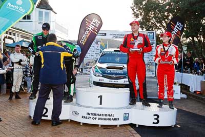 17-July-2011;APRC;Asia-Pacific-Rally-Championship;Hayden-Paddon;International-Rally-Of-Whangarei;John-Kennard;NZ;New-Zealand;Northland;Rally;Richard-Mason;Sara-Mason;Whangarei;auto;garage;motorsport;podium;racing;wide-angle