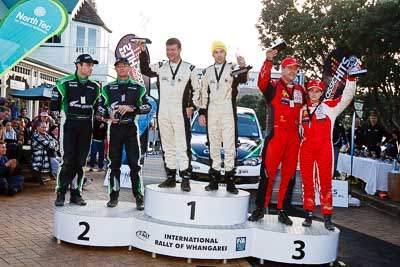 17-July-2011;APRC;Asia-Pacific-Rally-Championship;Chris-Atkinson;Hayden-Paddon;International-Rally-Of-Whangarei;John-Kennard;NZ;New-Zealand;Northland;Proton;Rally;Richard-Mason;Sara-Mason;Stephane-Prevot;Whangarei;auto;garage;motorsport;podium;racing;wide-angle