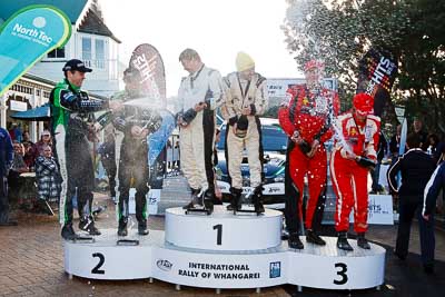 17-July-2011;APRC;Asia-Pacific-Rally-Championship;Chris-Atkinson;Hayden-Paddon;International-Rally-Of-Whangarei;John-Kennard;NZ;New-Zealand;Northland;Rally;Richard-Mason;Sara-Mason;Stephane-Prevot;Whangarei;auto;garage;motorsport;podium;racing;wide-angle