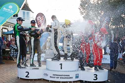 17-July-2011;APRC;Asia-Pacific-Rally-Championship;Chris-Atkinson;Hayden-Paddon;International-Rally-Of-Whangarei;John-Kennard;NZ;New-Zealand;Northland;Rally;Richard-Mason;Sara-Mason;Stephane-Prevot;Whangarei;auto;garage;motorsport;podium;racing;wide-angle