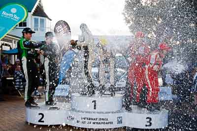 17-July-2011;APRC;Asia-Pacific-Rally-Championship;Chris-Atkinson;Hayden-Paddon;International-Rally-Of-Whangarei;John-Kennard;NZ;New-Zealand;Northland;Rally;Richard-Mason;Sara-Mason;Stephane-Prevot;Whangarei;auto;garage;motorsport;podium;racing;wide-angle