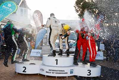 17-July-2011;APRC;Asia-Pacific-Rally-Championship;Chris-Atkinson;Hayden-Paddon;International-Rally-Of-Whangarei;John-Kennard;NZ;New-Zealand;Northland;Proton;Rally;Richard-Mason;Sara-Mason;Stephane-Prevot;Whangarei;auto;garage;motorsport;podium;racing;wide-angle