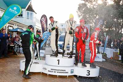 17-July-2011;APRC;Asia-Pacific-Rally-Championship;Chris-Atkinson;Hayden-Paddon;International-Rally-Of-Whangarei;John-Kennard;NZ;New-Zealand;Northland;Rally;Richard-Mason;Sara-Mason;Stephane-Prevot;Whangarei;auto;garage;motorsport;podium;racing;wide-angle