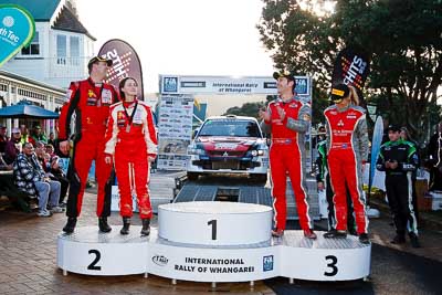 17-July-2011;APRC;Asia-Pacific-Rally-Championship;Chris-West;Erin-Kyle;International-Rally-Of-Whangarei;NZ;New-Zealand;Northland;Rally;Richard-Mason;Sara-Mason;Whangarei;auto;garage;motorsport;podium;racing;wide-angle