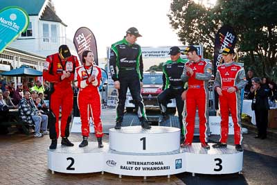 17-July-2011;APRC;Asia-Pacific-Rally-Championship;Chris-West;Erin-Kyle;Hayden-Paddon;International-Rally-Of-Whangarei;John-Kennard;NZ;New-Zealand;Northland;Rally;Richard-Mason;Sara-Mason;Whangarei;auto;garage;motorsport;podium;racing;wide-angle