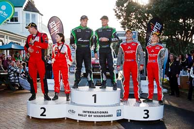 17-July-2011;APRC;Asia-Pacific-Rally-Championship;Chris-West;Erin-Kyle;Hayden-Paddon;International-Rally-Of-Whangarei;John-Kennard;NZ;New-Zealand;Northland;Rally;Richard-Mason;Sara-Mason;Whangarei;auto;garage;motorsport;podium;racing;wide-angle