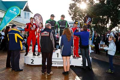 17-July-2011;APRC;Asia-Pacific-Rally-Championship;Chris-West;Erin-Kyle;Hayden-Paddon;International-Rally-Of-Whangarei;John-Kennard;NZ;New-Zealand;Northland;Rally;Richard-Mason;Sara-Mason;Whangarei;auto;garage;motorsport;podium;racing;wide-angle