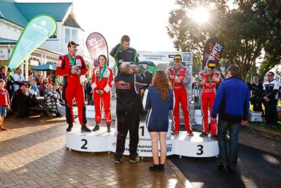 17-July-2011;APRC;Asia-Pacific-Rally-Championship;Chris-West;Erin-Kyle;Hayden-Paddon;International-Rally-Of-Whangarei;John-Kennard;NZ;New-Zealand;Northland;Rally;Richard-Mason;Sara-Mason;Whangarei;auto;garage;motorsport;podium;racing;wide-angle