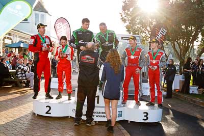 17-July-2011;APRC;Asia-Pacific-Rally-Championship;Chris-West;Erin-Kyle;Hayden-Paddon;International-Rally-Of-Whangarei;John-Kennard;NZ;New-Zealand;Northland;Rally;Richard-Mason;Sara-Mason;Whangarei;auto;garage;motorsport;podium;racing;wide-angle