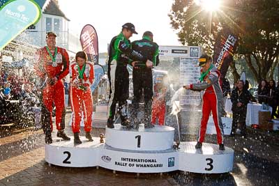 17-July-2011;APRC;Asia-Pacific-Rally-Championship;Chris-West;Erin-Kyle;Hayden-Paddon;International-Rally-Of-Whangarei;John-Kennard;NZ;New-Zealand;Northland;Rally;Richard-Mason;Sara-Mason;Whangarei;auto;champagne;garage;motorsport;podium;racing;wide-angle