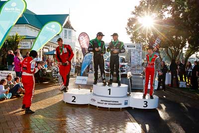 17-July-2011;APRC;Asia-Pacific-Rally-Championship;Erin-Kyle;Hayden-Paddon;International-Rally-Of-Whangarei;John-Kennard;NZ;New-Zealand;Northland;Rally;Richard-Mason;Sara-Mason;Whangarei;auto;champagne;garage;motorsport;podium;racing;wide-angle