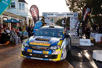 7;17-July-2011;7;APRC;Asia-Pacific-Rally-Championship;Ben-Atkinson;Emma-Gilmour;International-Rally-Of-Whangarei;NZ;New-Zealand;Northland;Rally;Subaru-Impreza-WRX-STI;Whangarei;auto;garage;motorsport;podium;racing;wide-angle