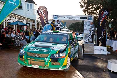 5;17-July-2011;5;APRC;Asia-Pacific-Rally-Championship;Brendan-Reeves;Brian-Green-Motorsport;International-Rally-Of-Whangarei;Mitsubishi-Lancer-Evolution-IX;NZ;New-Zealand;Northland;Rally;Rhianon-Smyth;Whangarei;auto;garage;motorsport;podium;racing;wide-angle