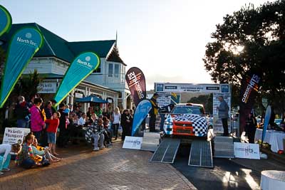 27;17-July-2011;27;APRC;Asia-Pacific-Rally-Championship;Glenn-Goldring;Glenn-Inkster;International-Rally-Of-Whangarei;Mitsubishi-Lancer-Evolution-IX;NZ;New-Zealand;Northland;Rally;Whangarei;auto;garage;motorsport;podium;racing;wide-angle