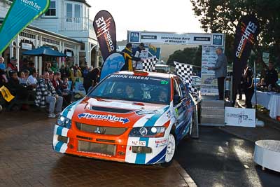 27;17-July-2011;27;APRC;Asia-Pacific-Rally-Championship;Glenn-Goldring;Glenn-Inkster;International-Rally-Of-Whangarei;Mitsubishi-Lancer-Evolution-IX;NZ;New-Zealand;Northland;Rally;Whangarei;auto;garage;motorsport;podium;racing;wide-angle