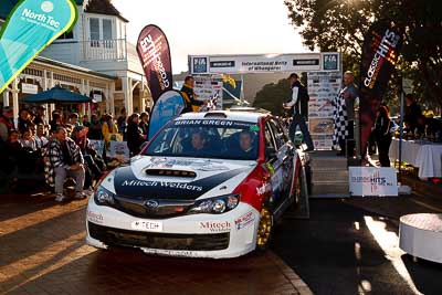 15;17-July-2011;APRC;Asia-Pacific-Rally-Championship;International-Rally-Of-Whangarei;Jason-Farmer;Matt-Jansen;NZ;New-Zealand;Northland;Rally;Subaru-Impreza-WRX-STI;Whangarei;auto;garage;motorsport;podium;racing;wide-angle