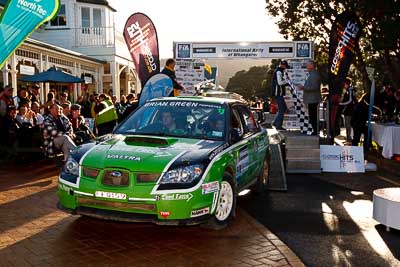 11;11;17-July-2011;APRC;Asia-Pacific-Rally-Championship;Ben-Hawkins;Ben-Jagger;International-Rally-Of-Whangarei;NZ;New-Zealand;Northland;Rally;Subaru-Impreza-WRX-STI;Whangarei;auto;garage;motorsport;podium;racing;wide-angle