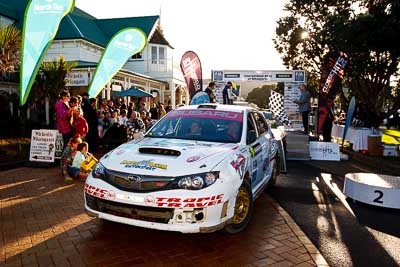 17;17;17-July-2011;APRC;Asia-Pacific-Rally-Championship;Daniel-Palau;International-Rally-Of-Whangarei;NZ;New-Zealand;Northland;Possum-Bourne-Motorsport;Rally;Subaru-Impreza-WRX-STI;Thierry-Song;Topshot;Whangarei;auto;garage;motorsport;podium;racing;wide-angle