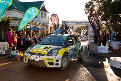 30;17-July-2011;30;APRC;Asia-Pacific-Rally-Championship;Bruce-McKenzie;Dave-Strong;Ford-Fiesta-S2000;International-Rally-Of-Whangarei;NZ;New-Zealand;Northland;Rally;Whangarei;auto;garage;motorsport;podium;racing;wide-angle