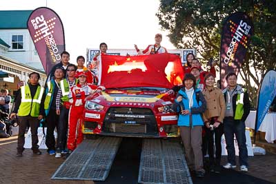 19;17-July-2011;19;APRC;Asia-Pacific-Rally-Championship;Fan-Fan;International-Rally-Of-Whangarei;Junwei-Fang;Mitsubishi-Lancer-Evolution-X;NZ;New-Zealand;Northland;Rally;Soueast-Motor-Kumho-Team;Whangarei;auto;garage;motorsport;podium;racing;wide-angle