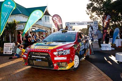 19;17-July-2011;19;APRC;Asia-Pacific-Rally-Championship;Fan-Fan;International-Rally-Of-Whangarei;Junwei-Fang;Mitsubishi-Lancer-Evolution-X;NZ;New-Zealand;Northland;Rally;Soueast-Motor-Kumho-Team;Whangarei;auto;garage;motorsport;podium;racing;wide-angle