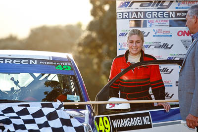 17-July-2011;APRC;Asia-Pacific-Rally-Championship;International-Rally-Of-Whangarei;NZ;New-Zealand;Northland;Rally;Venita-Fabbro;Whangarei;auto;garage;motorsport;podium;racing;telephoto