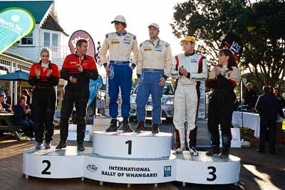 17-July-2011;APRC;Asia-Pacific-Rally-Championship;Ben-Hunt;International-Rally-Of-Whangarei;Josh-Marston;NZ;New-Zealand;Northland;Phil-Campbell;Rally;Sarah-Coatsworth;Tony-Rawstorn;Venita-Fabbro;Whangarei;auto;garage;motorsport;podium;racing;wide-angle