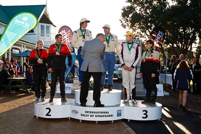 17-July-2011;APRC;Asia-Pacific-Rally-Championship;Ben-Hunt;International-Rally-Of-Whangarei;Josh-Marston;NZ;New-Zealand;Northland;Phil-Campbell;Rally;Sarah-Coatsworth;Tony-Rawstorn;Venita-Fabbro;Whangarei;auto;garage;motorsport;podium;racing;wide-angle