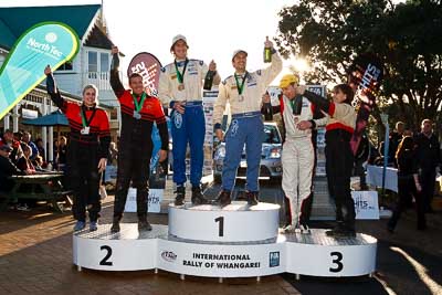 17-July-2011;APRC;Asia-Pacific-Rally-Championship;Ben-Hunt;International-Rally-Of-Whangarei;Josh-Marston;NZ;New-Zealand;Northland;Phil-Campbell;Rally;Sarah-Coatsworth;Tony-Rawstorn;Venita-Fabbro;Whangarei;auto;garage;motorsport;podium;racing;wide-angle