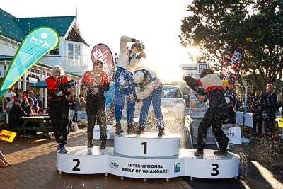 17-July-2011;APRC;Asia-Pacific-Rally-Championship;Ben-Hunt;International-Rally-Of-Whangarei;Josh-Marston;NZ;New-Zealand;Northland;Phil-Campbell;Rally;Sarah-Coatsworth;Tony-Rawstorn;Venita-Fabbro;Whangarei;auto;champagne;garage;motorsport;podium;racing;wide-angle