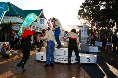 17-July-2011;APRC;Asia-Pacific-Rally-Championship;Ben-Hunt;International-Rally-Of-Whangarei;Josh-Marston;NZ;New-Zealand;Northland;Phil-Campbell;Rally;Sarah-Coatsworth;Tony-Rawstorn;Venita-Fabbro;Whangarei;auto;champagne;garage;motorsport;podium;racing;wide-angle