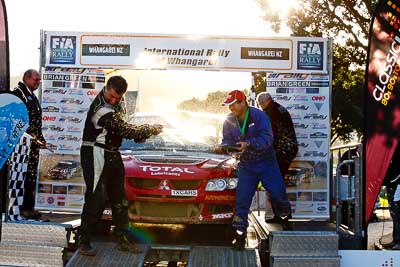 41;17-July-2011;APRC;Asia-Pacific-Rally-Championship;Geof-Argyle;International-Rally-Of-Whangarei;Mitsubishi-Lancer-Evolution-VIII;NZ;New-Zealand;Northland;Phillip-Deakin;Rally;Whangarei;auto;garage;motorsport;podium;racing;telephoto