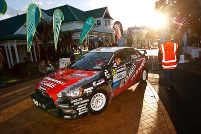 9;17-July-2011;9;APRC;Asia-Pacific-Rally-Championship;International-Rally-Of-Whangarei;NZ;New-Zealand;Northland;Pertamina-Cusco-Racing;Rally;Rifat-Sungkar;Scott-Beckwith;Whangarei;auto;garage;motorsport;podium;racing;wide-angle