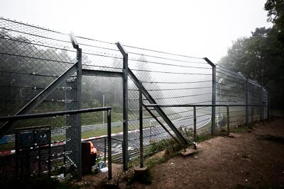 29-July-2011;Deutschland;Germany;Green-Hell;Grüne-Hölle;Nordschleife;Nuerburg;Nuerburgring;Nurburg;Nurburgring;Nürburg;Nürburgring;Rhineland‒Palatinate;Wippermann;atmosphere;auto;barrier;circuit;fence;fog;gate;landscape;mood;motorsport;path;racing;scenery;track;trees;wide-angle