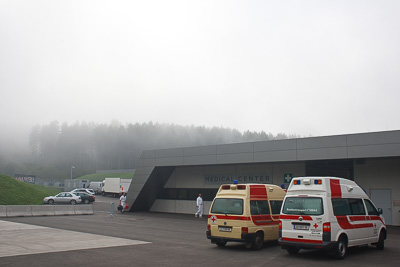 14-August-2011;28mm;ADAC-Masters;Austria;Medical-Car;Red-Bull-Ring;Spielberg;Styria;atmosphere;auto;building;circuit;fog;medical-centre;motorsport;paddock;racing;sky;track;wide-angle;Österreich