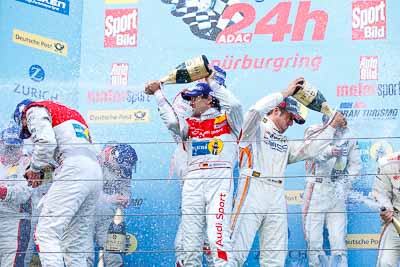 20-May-2012;24-Hour;Audi-Sport-Team-Phoenix;Deutschland;Germany;Green-Hell;Grüne-Hölle;Hankook-Team-Heico;Lance-David-Arnold;Markus-Winkelhock;Nuerburg;Nuerburgring;Nurburg;Nurburgring;Nürburg;Nürburgring;Rhineland‒Palatinate;atmosphere;auto;celebration;champagne;endurance;motorsport;podium;racing;telephoto