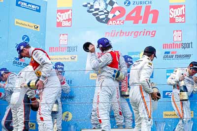 20-May-2012;24-Hour;Audi-Sport-Team-Phoenix;Deutschland;Frank-Stippler;Germany;Green-Hell;Grüne-Hölle;Hankook-Team-Heico;Lance-David-Arnold;Markus-Winkelhock;Nuerburg;Nuerburgring;Nurburg;Nurburgring;Nürburg;Nürburgring;Rhineland‒Palatinate;atmosphere;auto;celebration;champagne;endurance;motorsport;podium;racing;telephoto