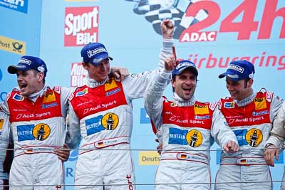 20-May-2012;24-Hour;Audi-Sport-Team-Phoenix;Christopher-Haase;Deutschland;Frank-Stippler;Germany;Green-Hell;Grüne-Hölle;Marc-Basseng;Markus-Winkelhock;Nuerburg;Nuerburgring;Nurburg;Nurburgring;Nürburg;Nürburgring;Rhineland‒Palatinate;atmosphere;auto;celebration;champagne;endurance;motorsport;podium;racing;telephoto