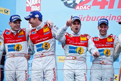 20-May-2012;24-Hour;Audi-Sport-Team-Phoenix;Christopher-Haase;Deutschland;Frank-Stippler;Germany;Green-Hell;Grüne-Hölle;Marc-Basseng;Markus-Winkelhock;Nuerburg;Nuerburgring;Nurburg;Nurburgring;Nürburg;Nürburgring;Rhineland‒Palatinate;atmosphere;auto;celebration;champagne;endurance;motorsport;podium;racing;telephoto