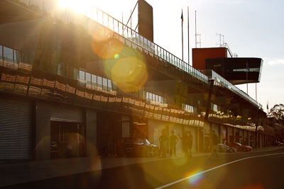 7-February-2013;Australia;Bathurst;Bathurst-12-Hour;Mt-Panorama;NSW;New-South-Wales;Topshot;afternoon;atmosphere;auto;building;endurance;morning;motorsport;pitlane;racing;sun;telephoto