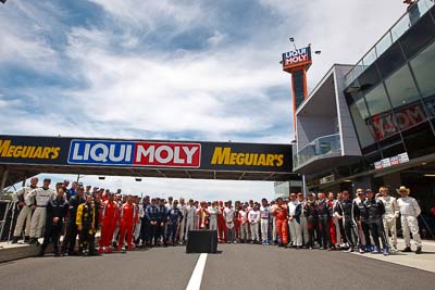 9-February-2013;Australia;Bathurst;Bathurst-12-Hour;Grand-Tourer;Mt-Panorama;NSW;New-South-Wales;Topshot;atmosphere;auto;drivers;endurance;group;motorsport;photoshoot;pitlane;racing;wide-angle