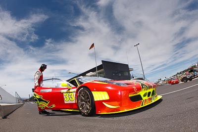 33;33;9-February-2013;Australia;Bathurst;Bathurst-12-Hour;Clearwater-Racing;Ferrari-458-Italia-GT3;Grand-Tourer;Mt-Panorama;NSW;New-South-Wales;atmosphere;auto;clouds;endurance;fisheye;motorsport;paddock;pitlane;racing;sky