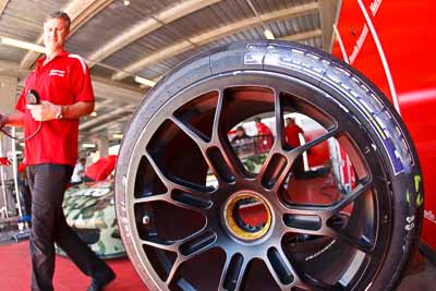 9-February-2013;Australia;Bathurst;Bathurst-12-Hour;Grand-Tourer;Maranello-Motorsport;Michelin;Mt-Panorama;NSW;New-South-Wales;atmosphere;auto;close‒up;detail;endurance;fisheye;mechanic;motorsport;pitlane;racing;tyre;wheels