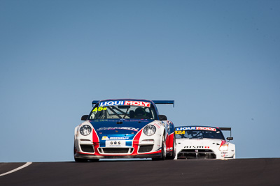 45;45;8-February-2014;Australia;Barton-Mawer;Bathurst;Bathurst-12-Hour;Duvashen-Padayachee;NSW;New-South-Wales;Porsche-997-GT3-Cup;Rencorp-Hyundai-Forklifts;Richard-Muscat;auto;endurance;motorsport;racing;sky;super-telephoto