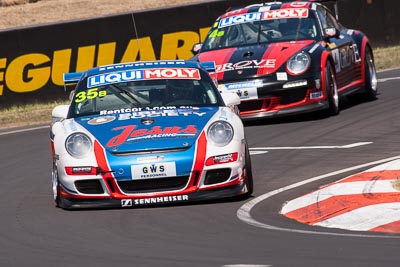 35;35;8-February-2014;Aaron-Zerefos;Andrew-Fisher;Australia;Bathurst;Bathurst-12-Hour;Indiran-Padayachee;NSW;New-South-Wales;Porsche-997-GT3-Cup;Ric-Shaw;SennheiserRentcorp-ForkliftsFiji-Water;auto;endurance;motorsport;racing;super-telephoto